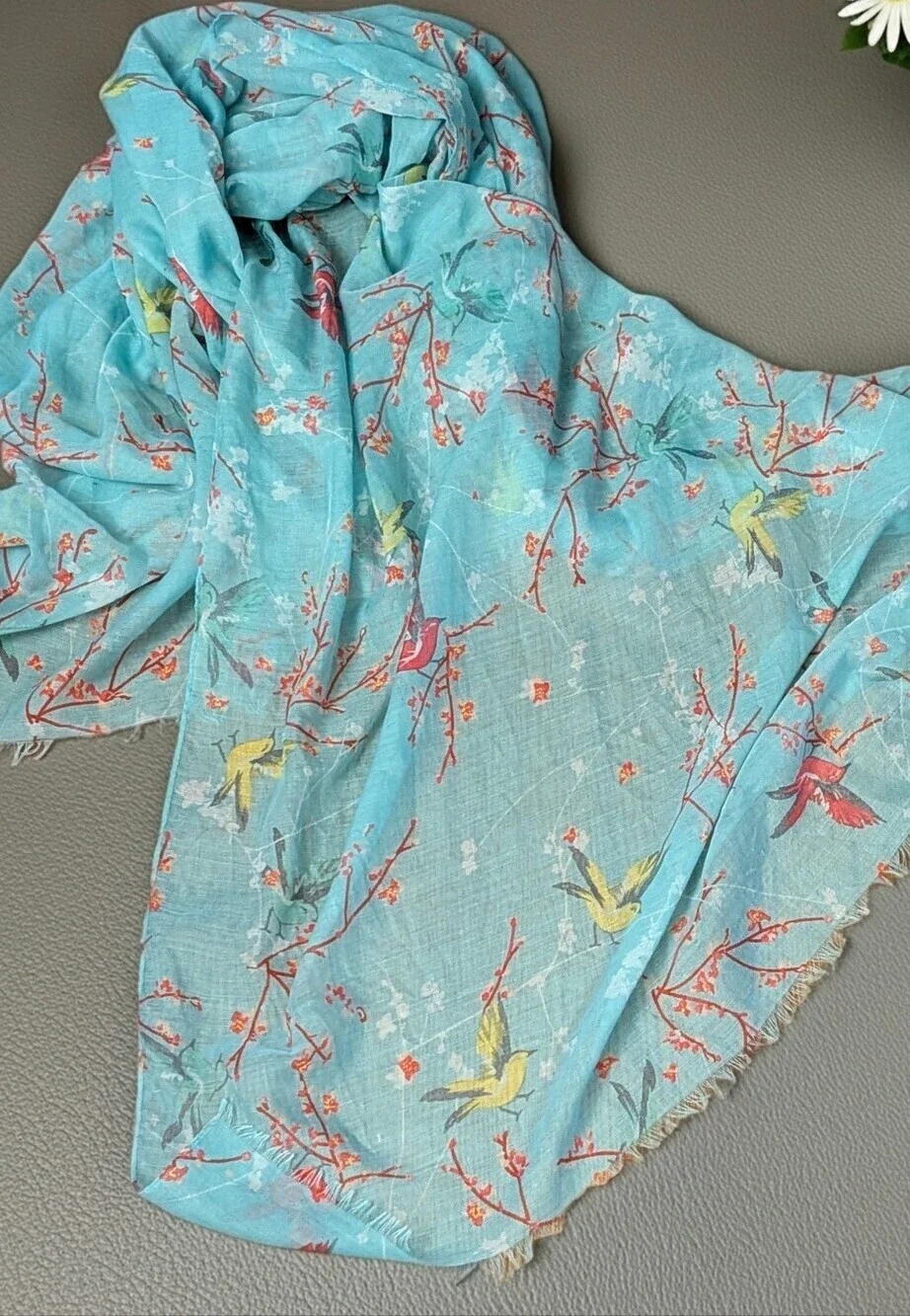 Vintage Style Turquoise Bird & Cherry Blossom Oversized Shawl Scarf Wrap 40